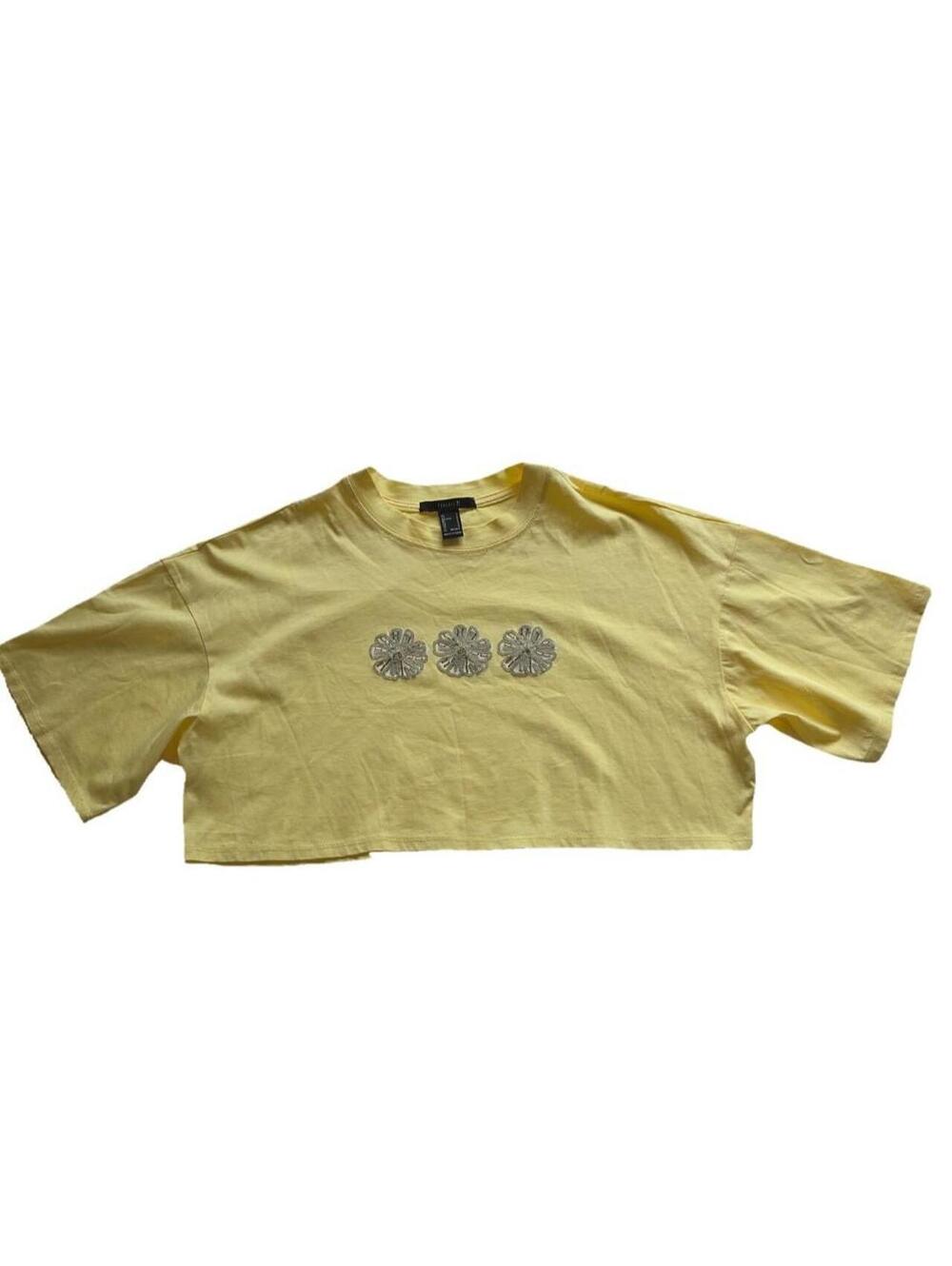 Forever 21 Women's Yellow Crop-top with Beaded Flower Appliques size Small